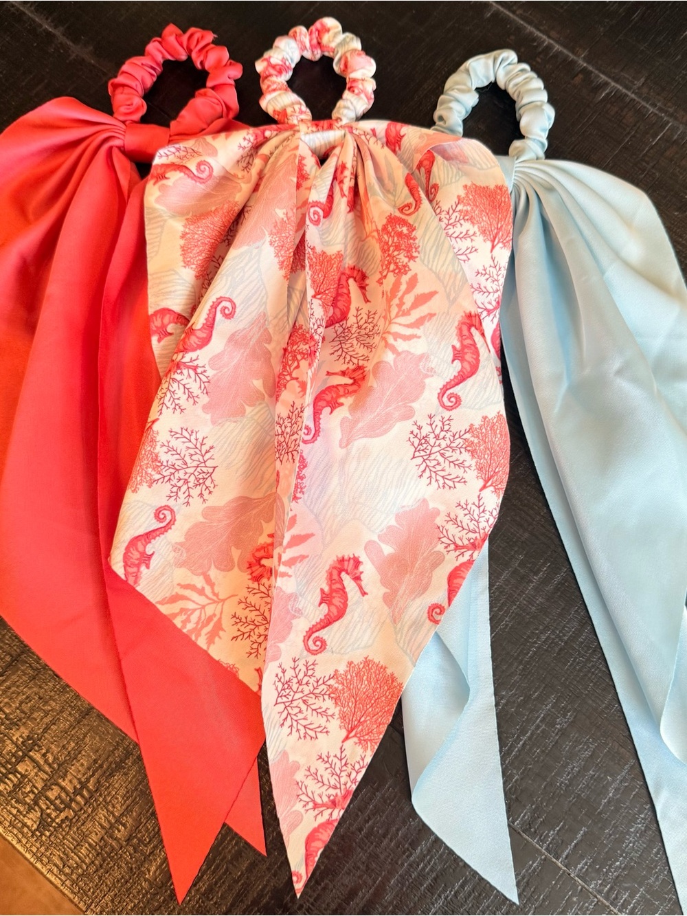 Piper Coral, Printed Coral & Light Blue Scrunchie Scarf Set